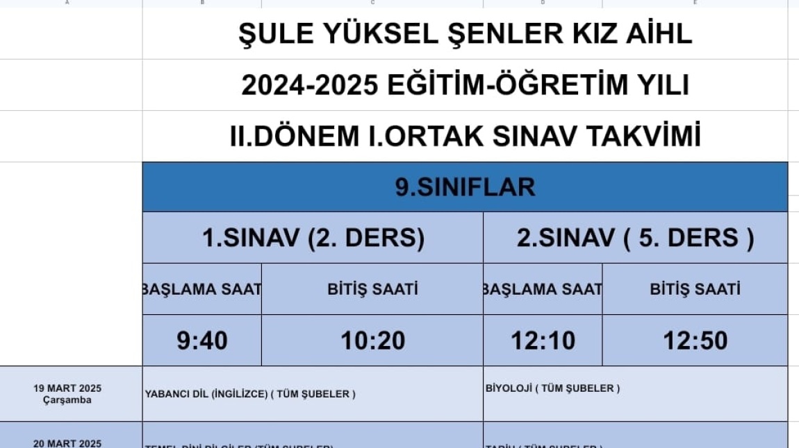 2024-2025 Eğitim-Öğretim Yılı 2. Dönem 1. Yazılı Sınav Takvimi